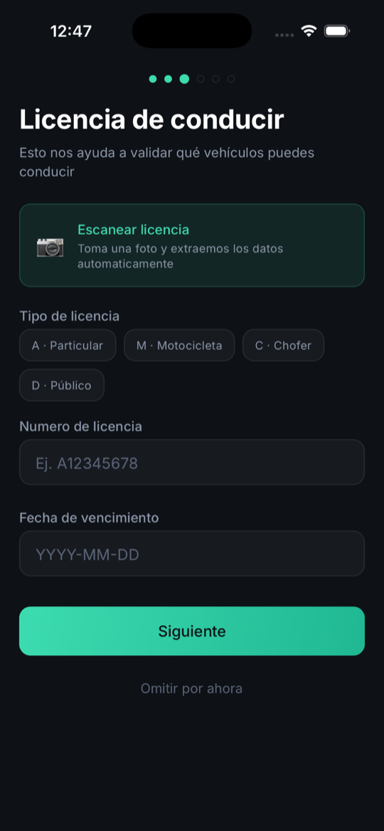 Pantalla de captura de licencia de conducir en GU·SAFE