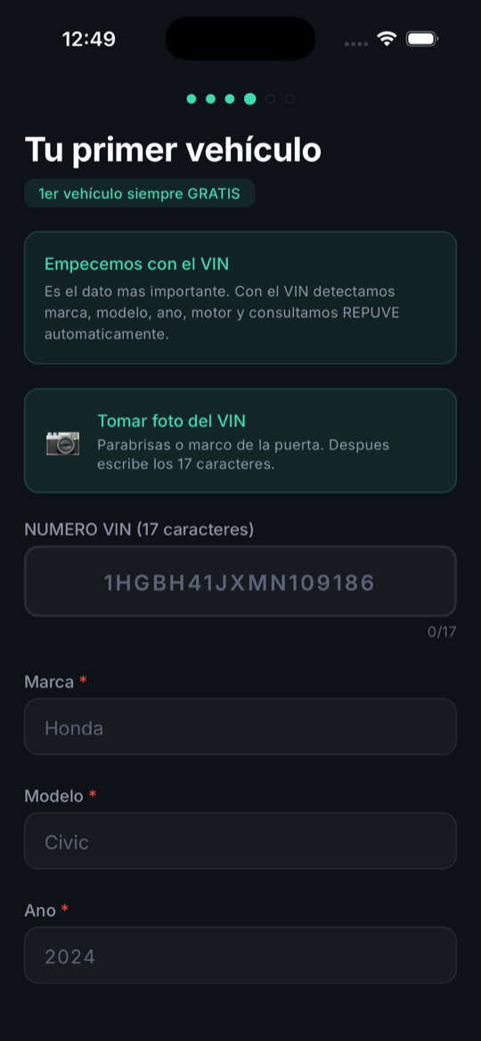 Pantalla de registro de vehículo por VIN en GU·SAFE